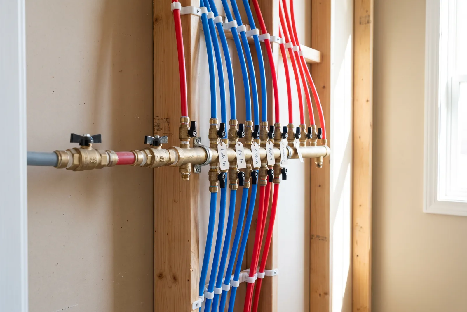 Color-coded PEX water lines organized on a plumbing manifold in Phoenix